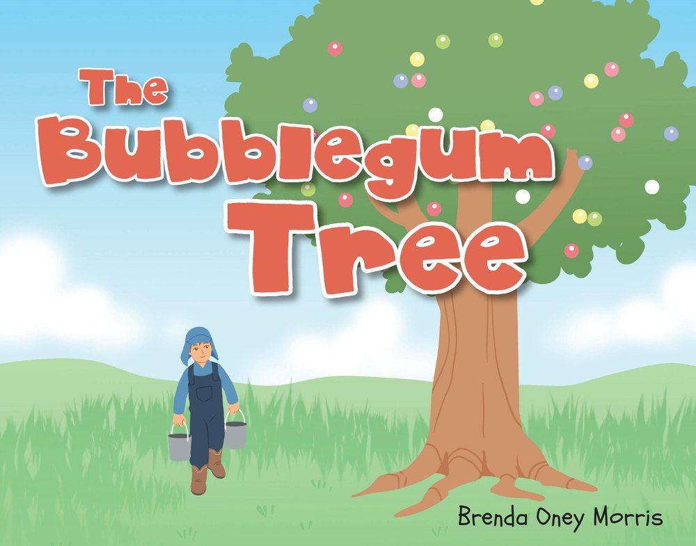 The cover of The Bubblegum Tree: a boy in blue overalls carries two buckets across a meadow toward a big green tree dotted with colorful gumballs.