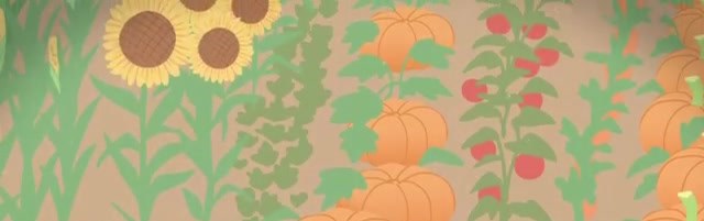 A vegetable garden with sunflowers, pumpkins, tomatoes, and little signs for each row.